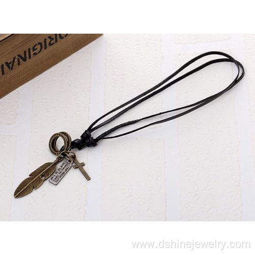 Angel Feather Pendant Men Alloy Cross Charm Leather Necklace